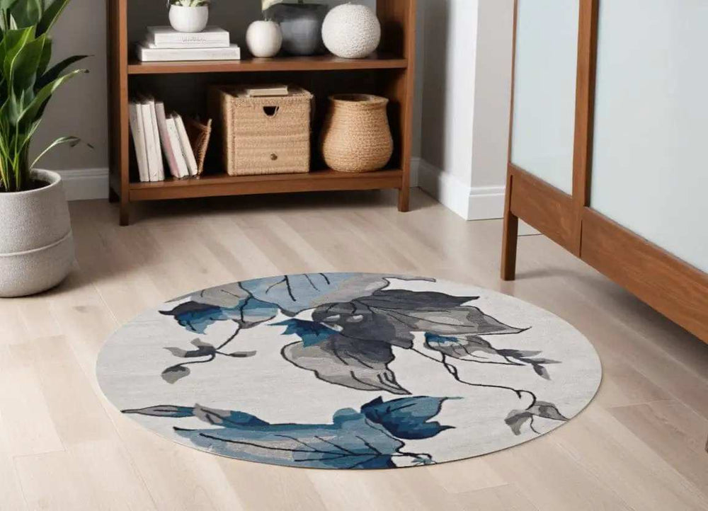 6' X 6' Ivory and Blue Floral Hand Tufted Area Rug - Homeroots - Flyclothing LLC