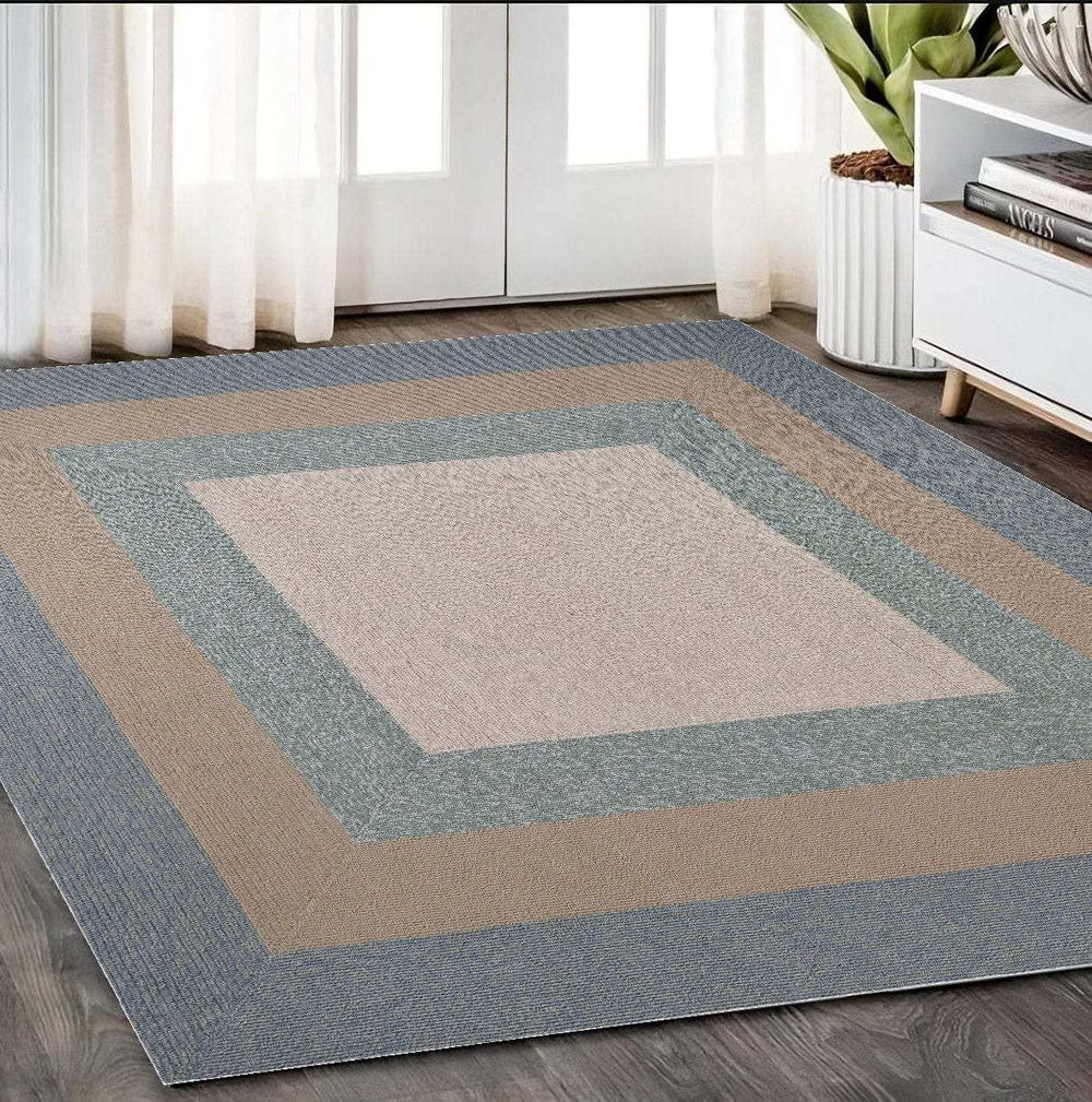 5' X 8' Tan Ivory and Blue Geometric Hand Tufted Area Rug - Homeroots - Flyclothing LLC