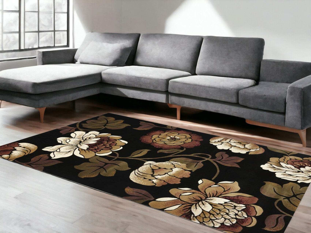 5' X 8' Black and Tan Floral Area Rug - Homeroots - Flyclothing LLC