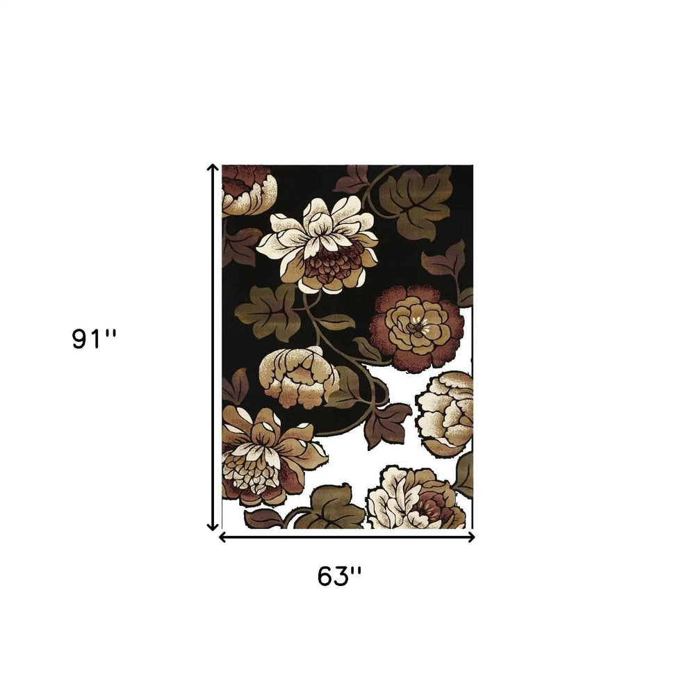 5' X 8' Black and Tan Floral Area Rug - Homeroots - Flyclothing LLC