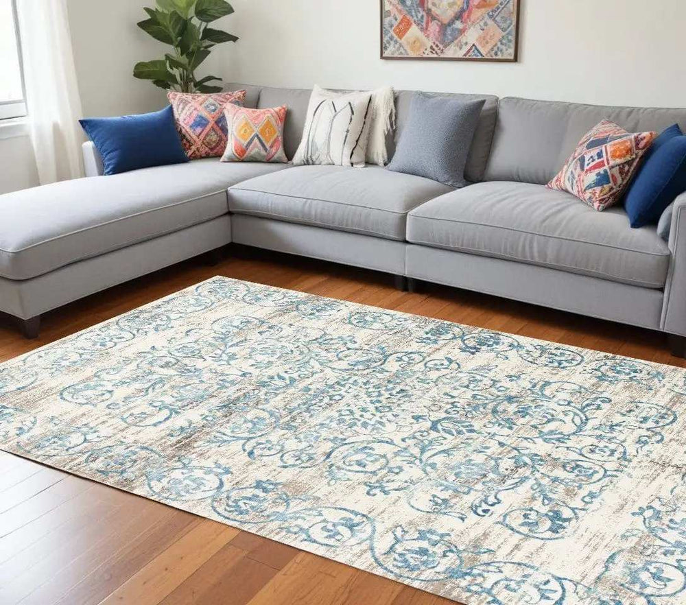 10' X 13' Ivory and Blue Floral Area Rug - Homeroots - Flyclothing LLC