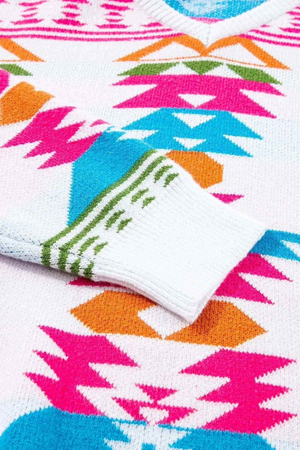 Geometric V-Neck Long Sleeve Sweater - Trendsi - Flyclothing LLC