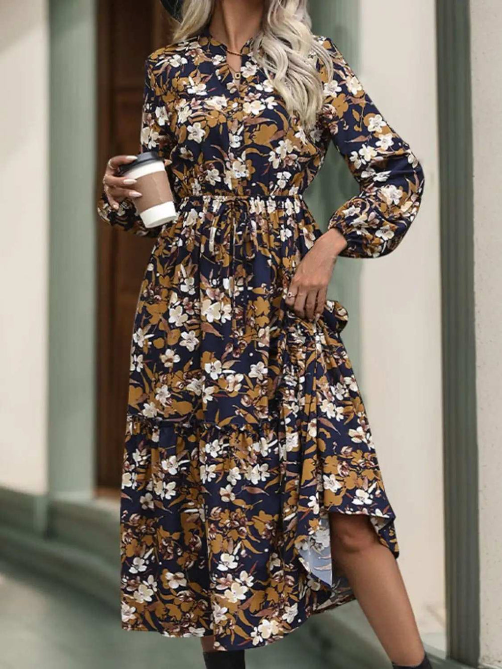 Perfee Printed Notched Long Sleeve Midi Dress - Trendsi - Flyclothing LLC