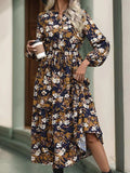 Perfee Printed Notched Long Sleeve Midi Dress - Trendsi - Flyclothing LLC