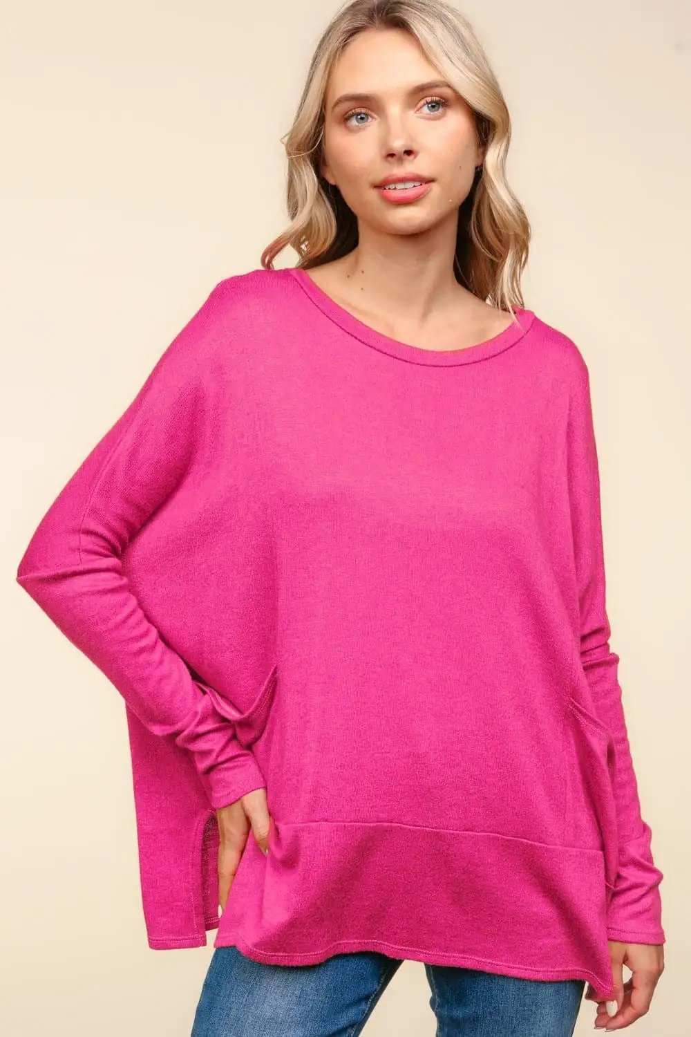 Haptics Dolman Long Sleeve Oversized Knit Top with Pockets - Trendsi - Flyclothing LLC