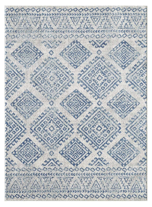 7' X 12' Ivory and Blue Geometric Area Rug - Homeroots - Flyclothing LLC