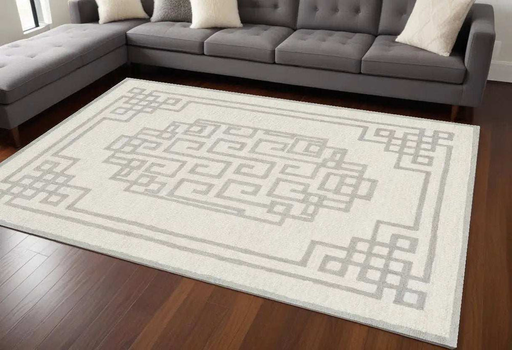9' X 12' Ivory Grey Hand Tufted Bordered Greek Key Indoor Area Rug - Homeroots - Flyclothing LLC
