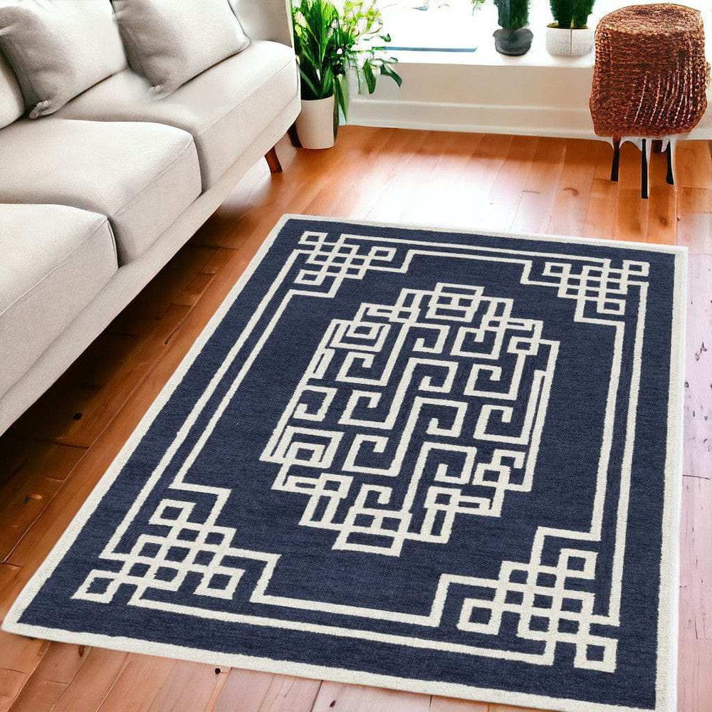 5' X 7' Navy Blue Ivory Hand Tufted Bordered Greek Key Indoor Area Rug - Homeroots - Flyclothing LLC