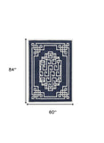 5' X 7' Navy Blue Ivory Hand Tufted Bordered Greek Key Indoor Area Rug - Homeroots - Flyclothing LLC