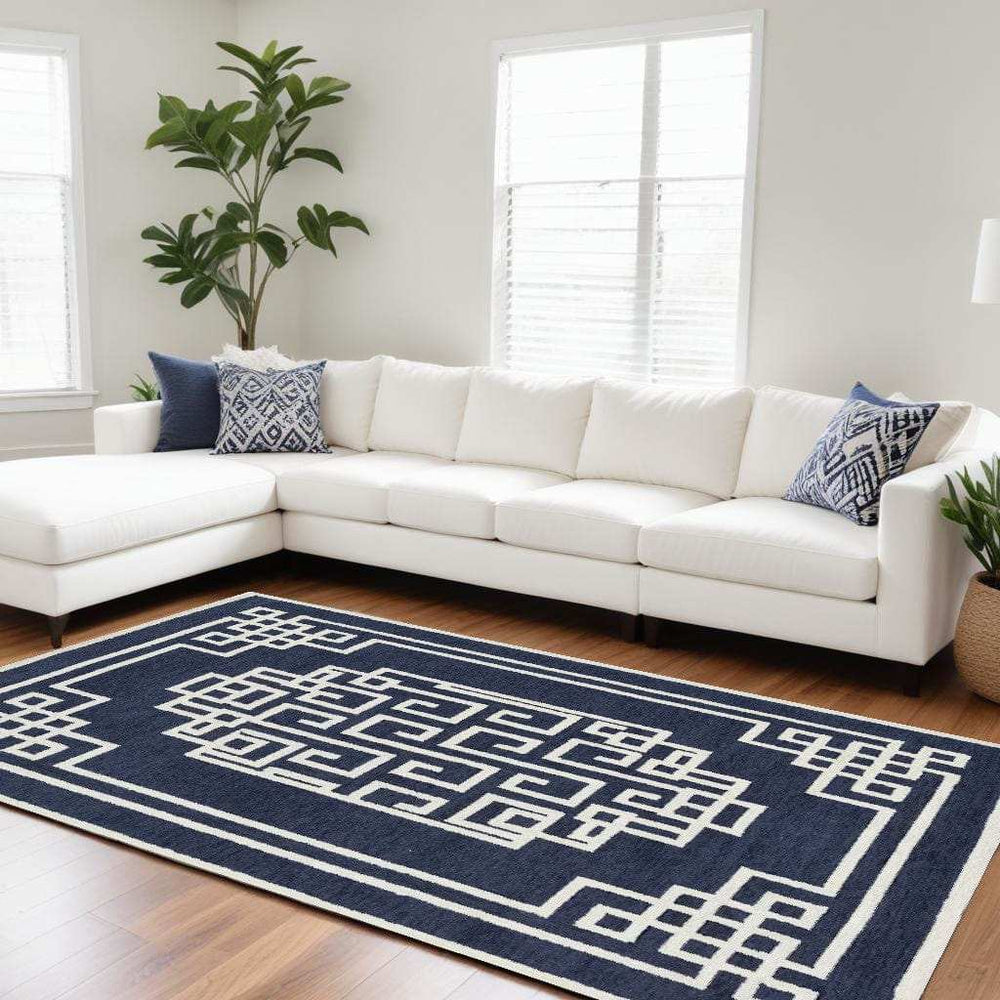 8' X 10' Navy Blue Ivory Hand Tufted Greek Key Medallion Indoor Area Rug - Homeroots - Flyclothing LLC