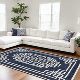 8' X 10' Navy Blue Ivory Hand Tufted Greek Key Medallion Indoor Area Rug - Homeroots - Flyclothing LLC