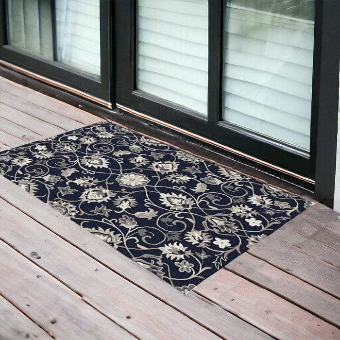 2' X 3' Navy Blue Floral Handmade Indoor Outdoor Area Rug - Homeroots - Flyclothing LLC