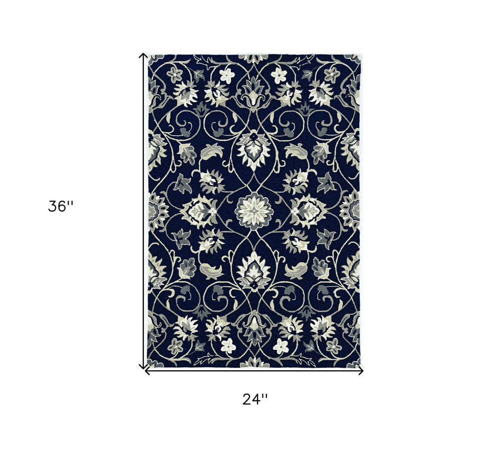 2' X 3' Navy Blue Floral Handmade Indoor Outdoor Area Rug - Homeroots - Flyclothing LLC