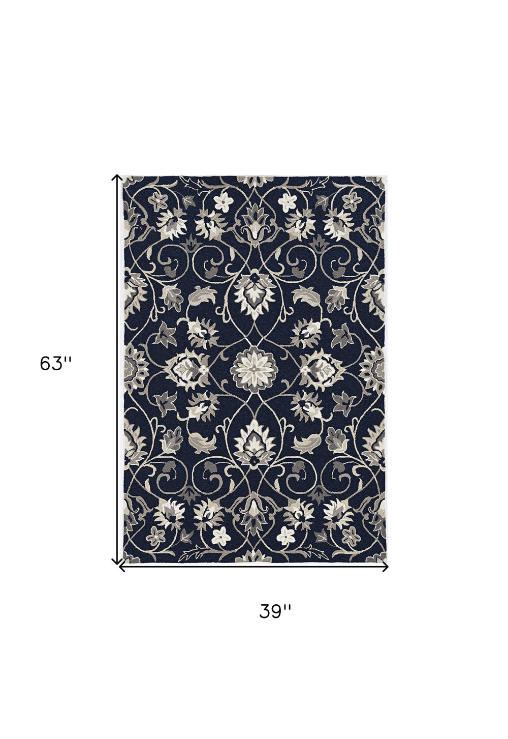 3' X 5' Navy Blue Floral Handmade Indoor Outdoor Area Rug - Homeroots - Flyclothing LLC