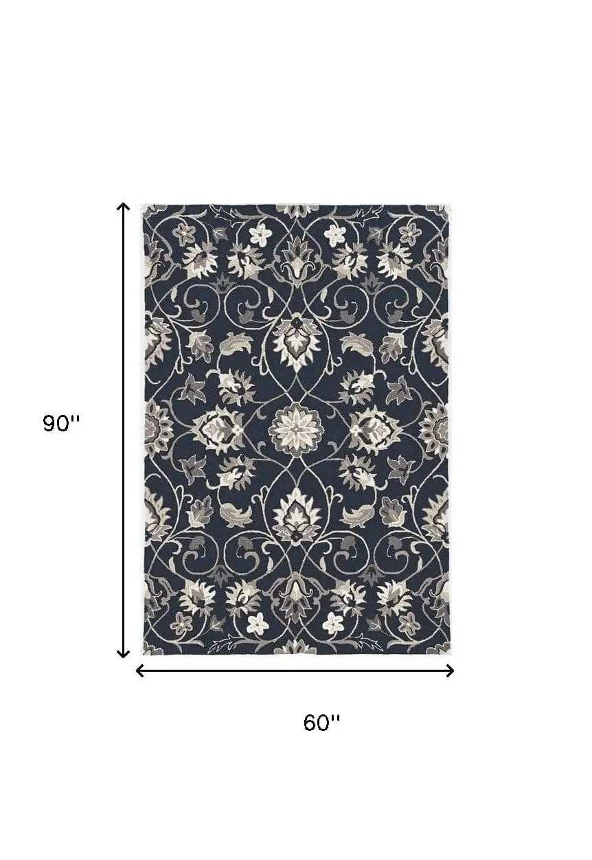 5' X 7' Navy Floral Vines Indoor Outdoor Area Rug - Homeroots - Flyclothing LLC