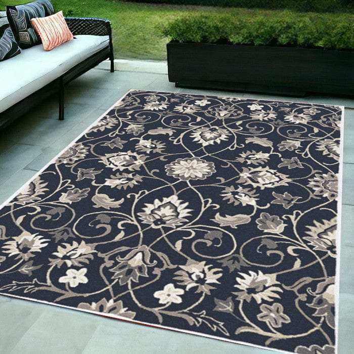 5' X 7' Navy Floral Vines Indoor Outdoor Area Rug - Homeroots - Flyclothing LLC