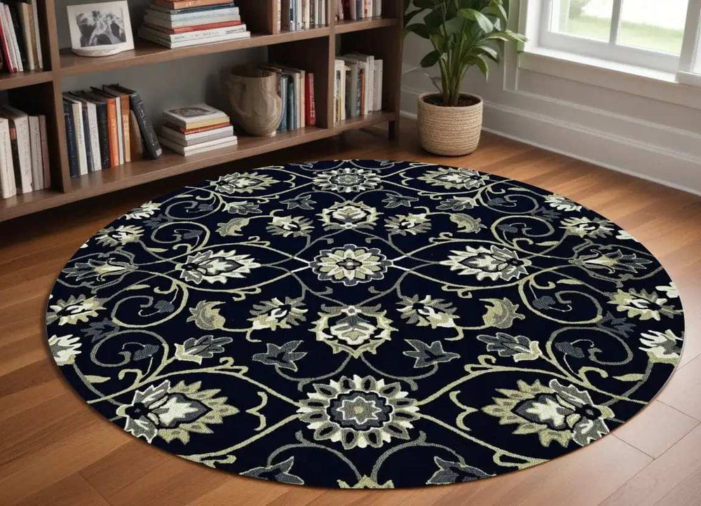 8' Navy Blue Round Hand Tufted Area Rug With UV Protection - Homeroots - Flyclothing LLC