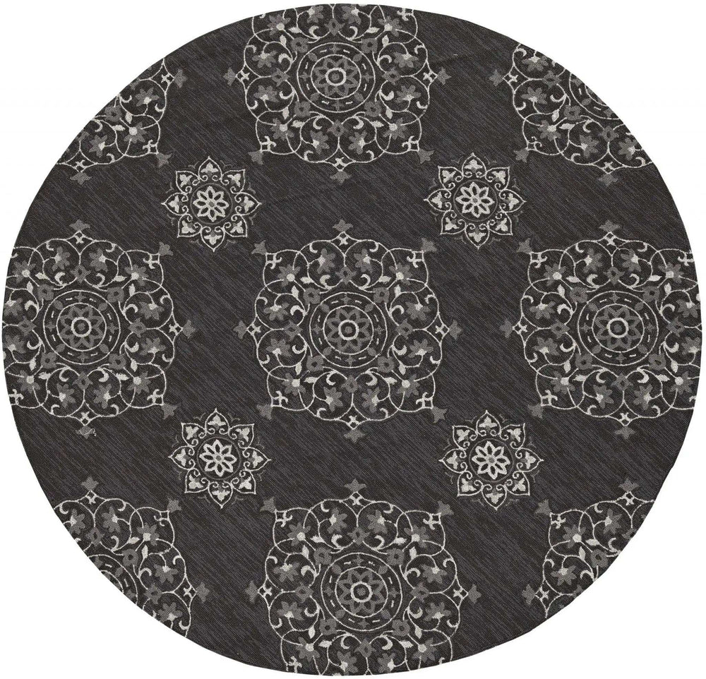 8' Round Charcoal Round Floral Handmade Indoor Outdoor Area Rug - Homeroots - Flyclothing LLC