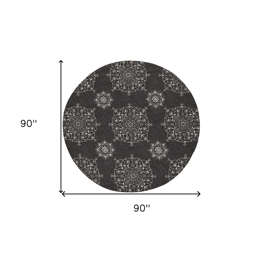 8' Round Charcoal Round Floral Handmade Indoor Outdoor Area Rug - Homeroots - Flyclothing LLC
