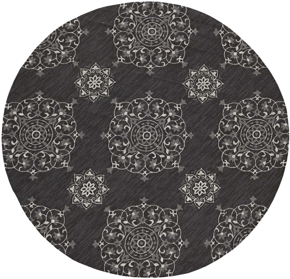 8' Round Charcoal Round Floral Handmade Indoor Outdoor Area Rug - Homeroots - Flyclothing LLC