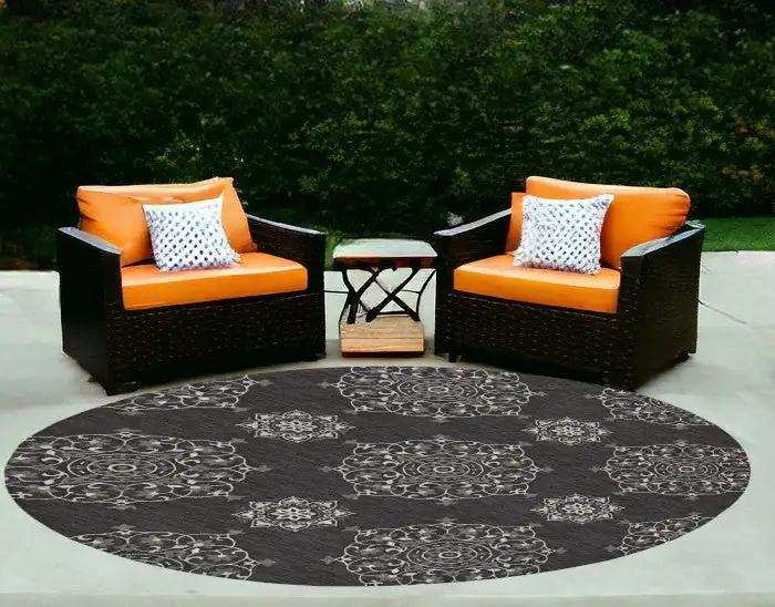 8' Round Charcoal Round Floral Handmade Indoor Outdoor Area Rug - Homeroots - Flyclothing LLC