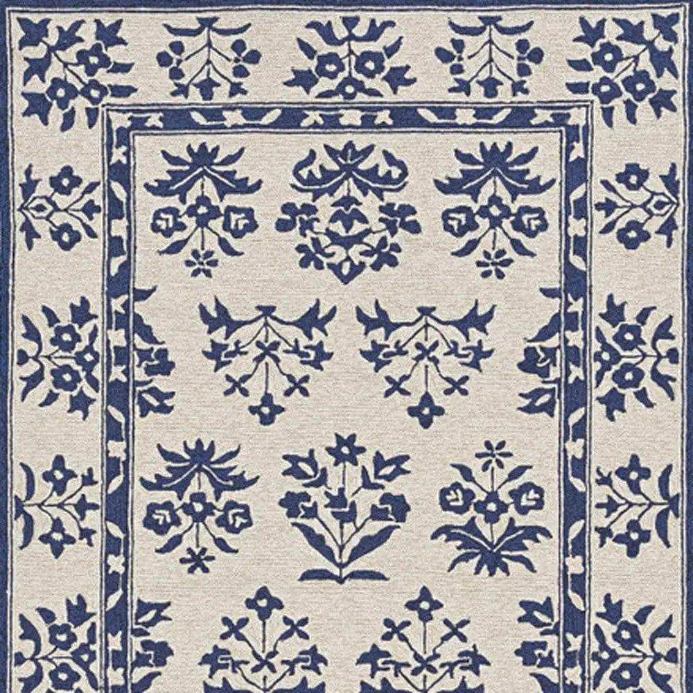 5' X 7' Sand Or Blue Floral Bordered Indoor Outdoor Area Rug - Homeroots - Flyclothing LLC