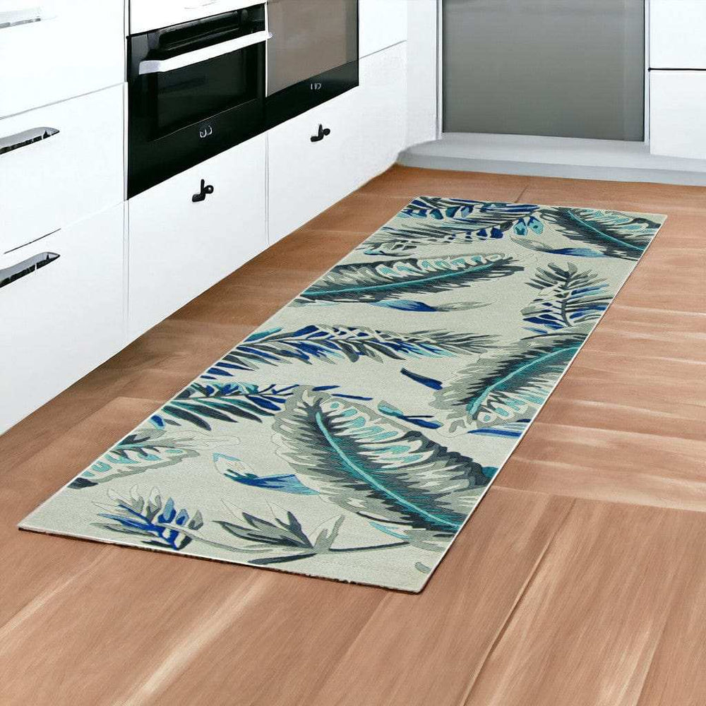 8' Grey Blue Hand Tufted Tropical Leaves Indoor Runner Rug - Homeroots - Flyclothing LLC