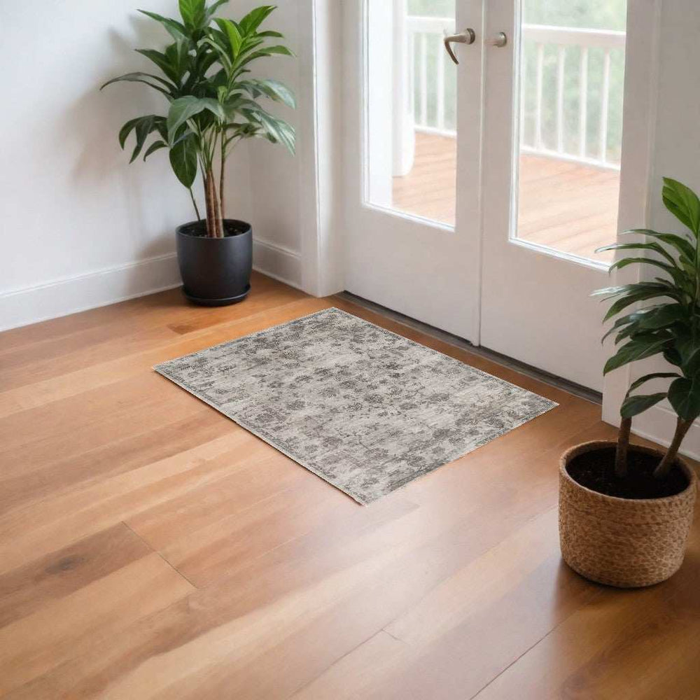 3' X 5' Gray Floral Vines Hand Loomed Distressed Area Rug - Homeroots - Flyclothing LLC