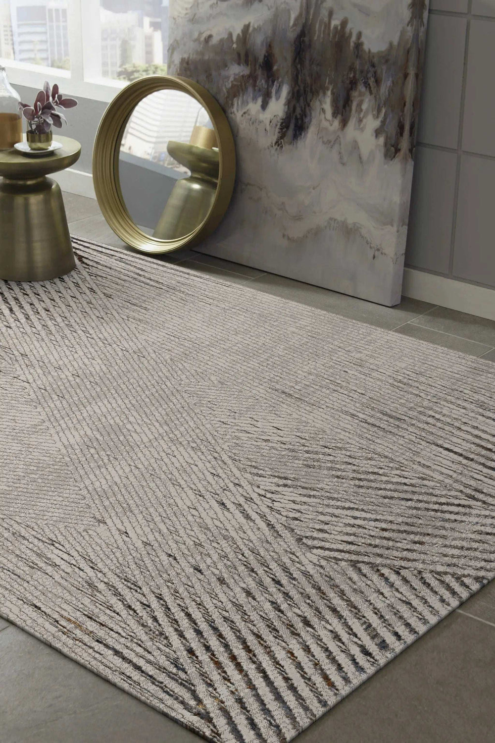5' X 8' Ivory Grey Machine Woven Geometric Lines Indoor Area Rug - Homeroots - Flyclothing LLC