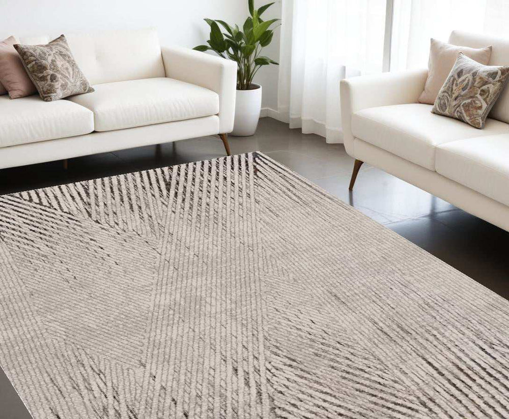 10' X 13' Ivory Grey Machine Woven Geometric Lines Indoor Area Rug - Homeroots - Flyclothing LLC