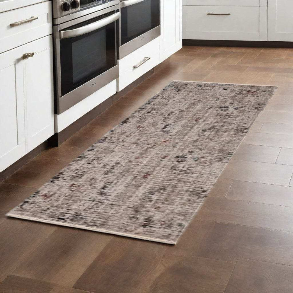 7' Beige Grey Machine Woven Shrank Abstract Design Indoor Runner Rug - Homeroots - Flyclothing LLC
