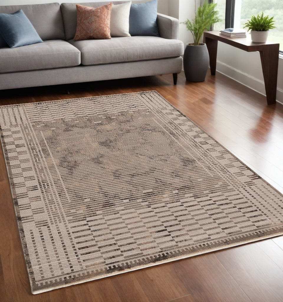 5' X 8' Natural Brown Machine Woven Abstract Lines Indoor Area Rug - Homeroots - Flyclothing LLC