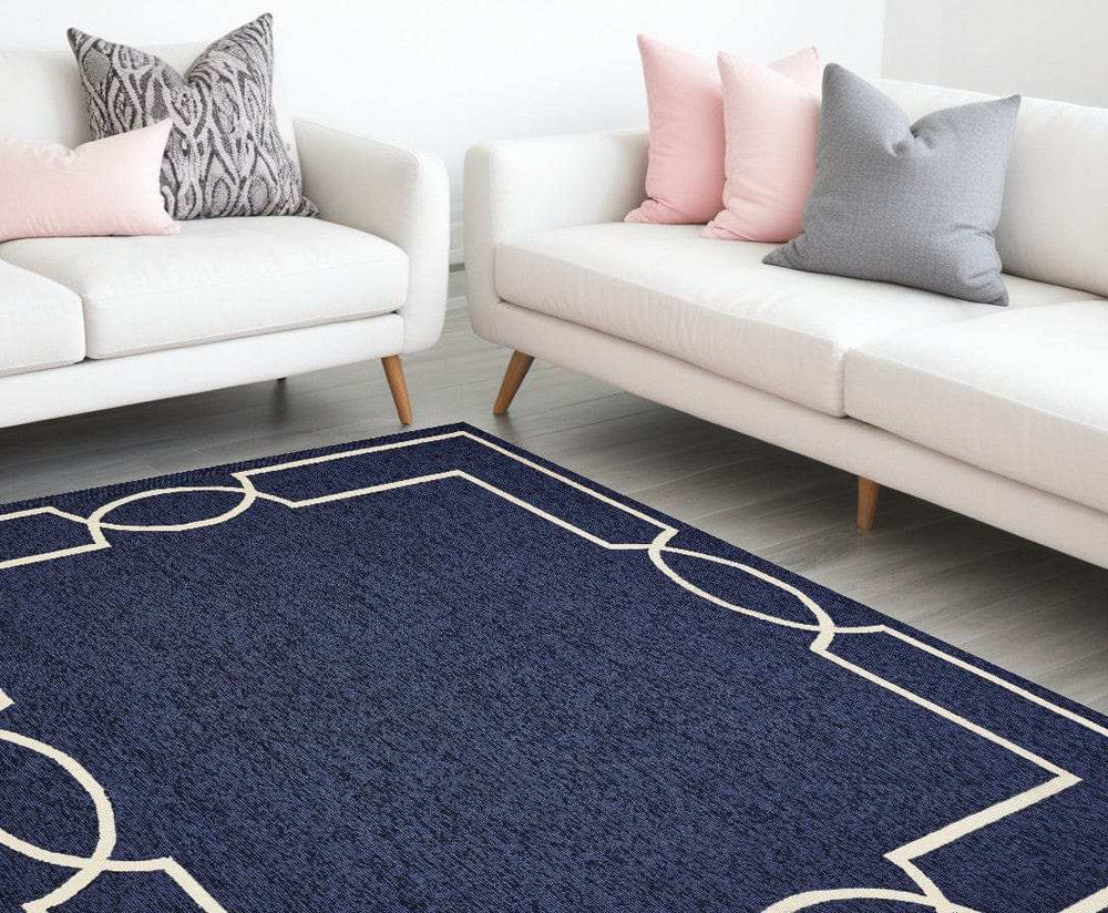 7' X 10' Navy and Ivory Geometric Hand Hooked Area Rug - Homeroots - Flyclothing LLC