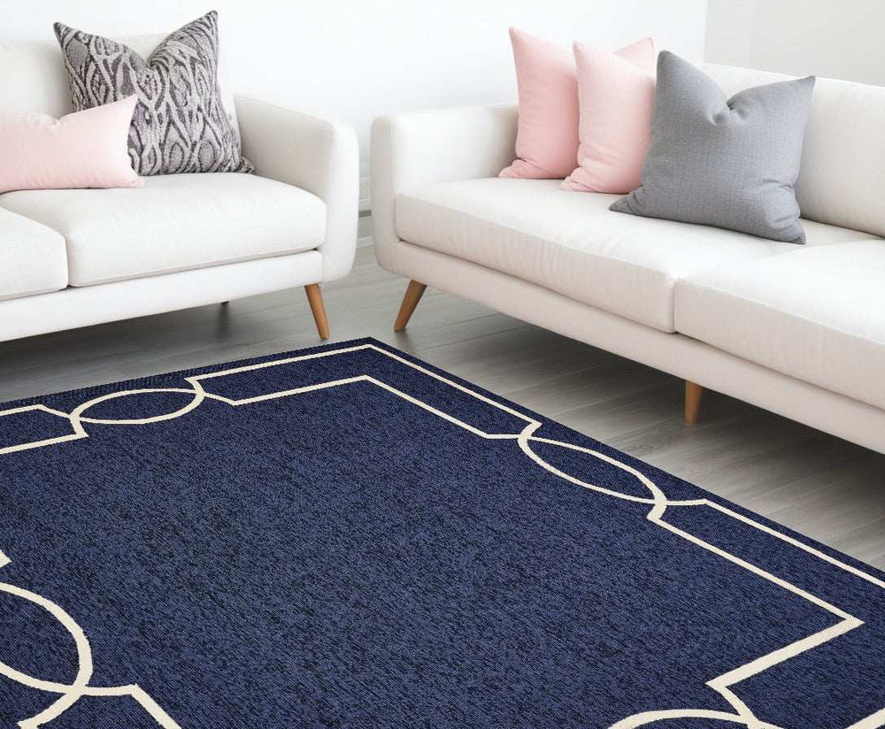 8' X 11' Navy and Ivory Geometric Hand Hooked Area Rug - Homeroots - Flyclothing LLC