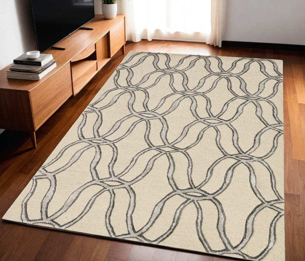 5' X 7' Beige and Silver Wool Vermicular Hand Tufted Area Rug - Homeroots - Flyclothing LLC