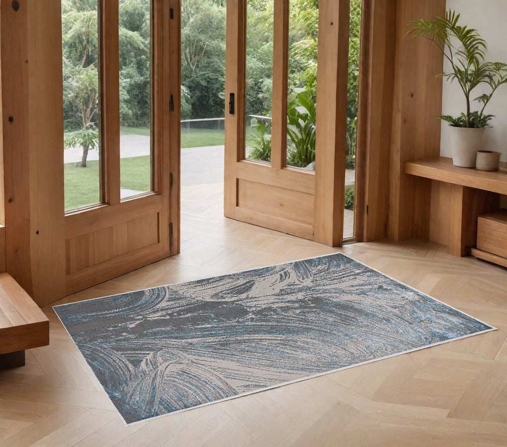 3' X 5' Silver Or Blue Abstract Brushstrokes Area Rug - Homeroots - Flyclothing LLC