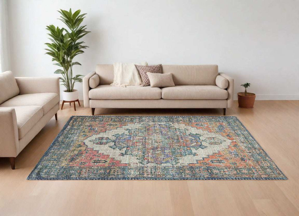 7' X 12' Blue Orange Hand Woven Traditional Medallion Indoor Area Rug - Homeroots - Flyclothing LLC