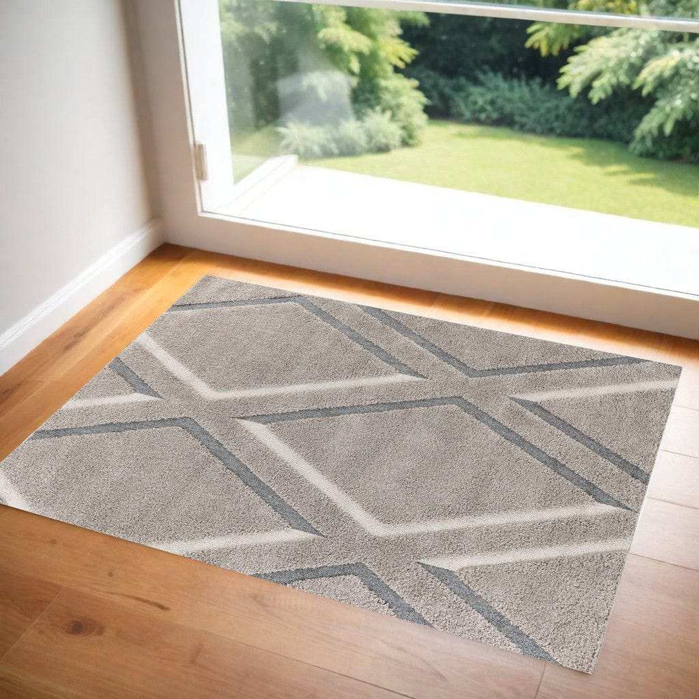 3' X 5' Gray Ivory and Teal Geometric Shag Area Rug - Homeroots - Flyclothing LLC