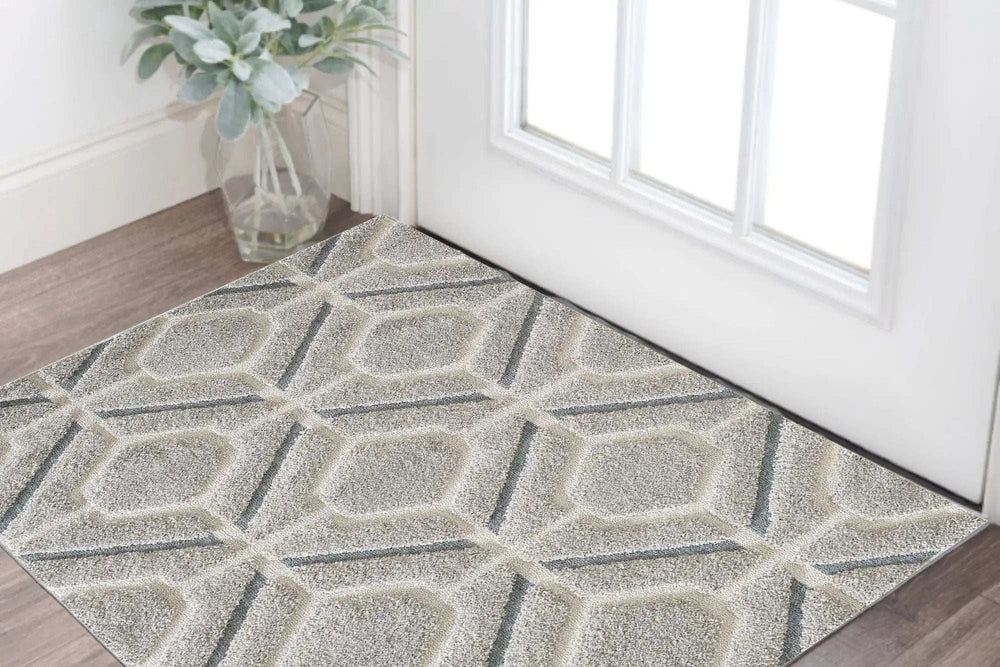 3' X 5' Gray Dark Gray/Teal and Ivory Geometric Shag Area Rug - Homeroots - Flyclothing LLC