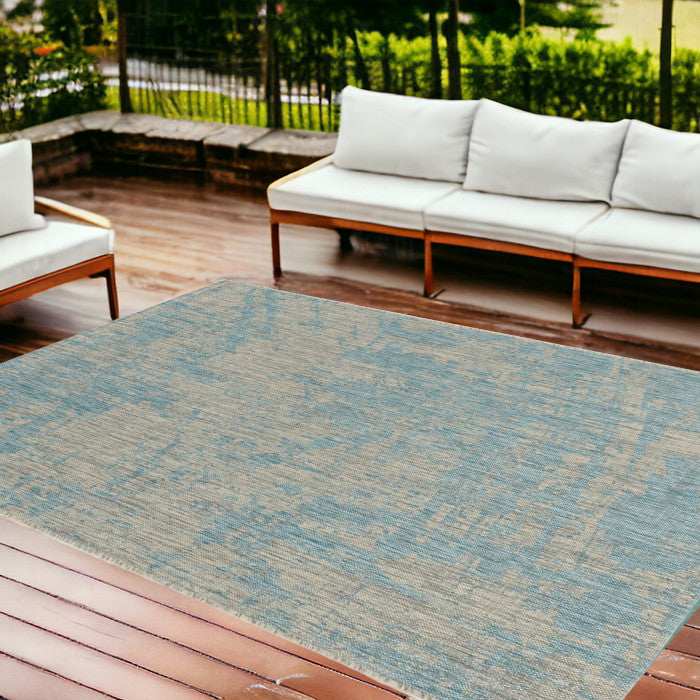 8' X 11' Teal Machine Woven Abstract Strokes Indoor Outdoor Area Rug - Homeroots - Flyclothing LLC