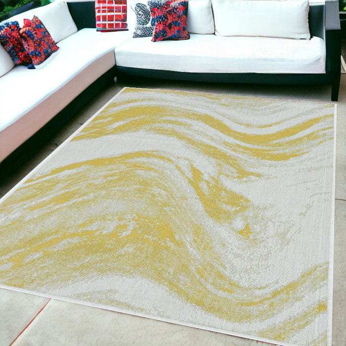 5' X 8' Gold and Ivory Abstract Indoor Outdoor Area Rug - Homeroots - Flyclothing LLC