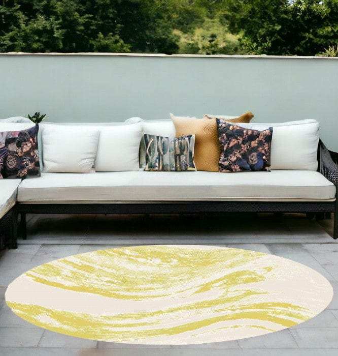 8' Ivory Gold Machine Woven Abstract Waves Round Indoor Outdoor Area Rug - Homeroots - Flyclothing LLC