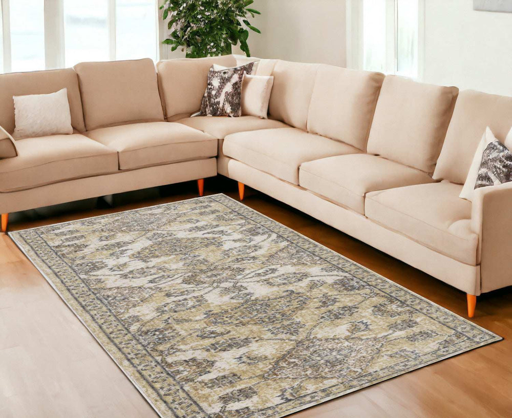 8' X 11' Ivory Sand Machine Woven Bordered Floral Vines Indoor Area Rug - Homeroots - Flyclothing LLC