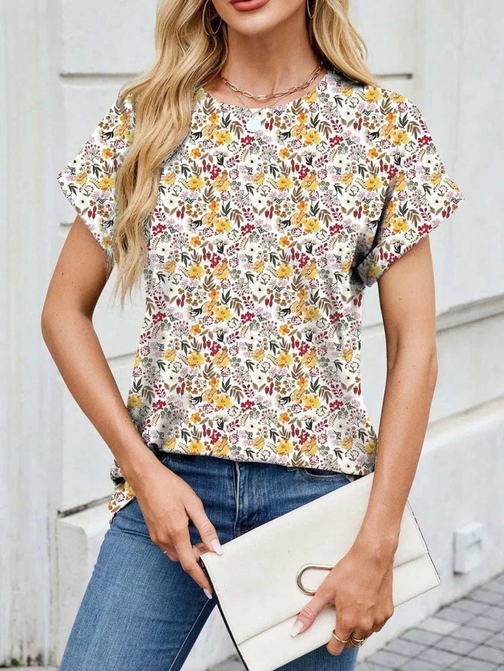 Printed Round Neck Short Sleeve Top - Trendsi - Flyclothing LLC