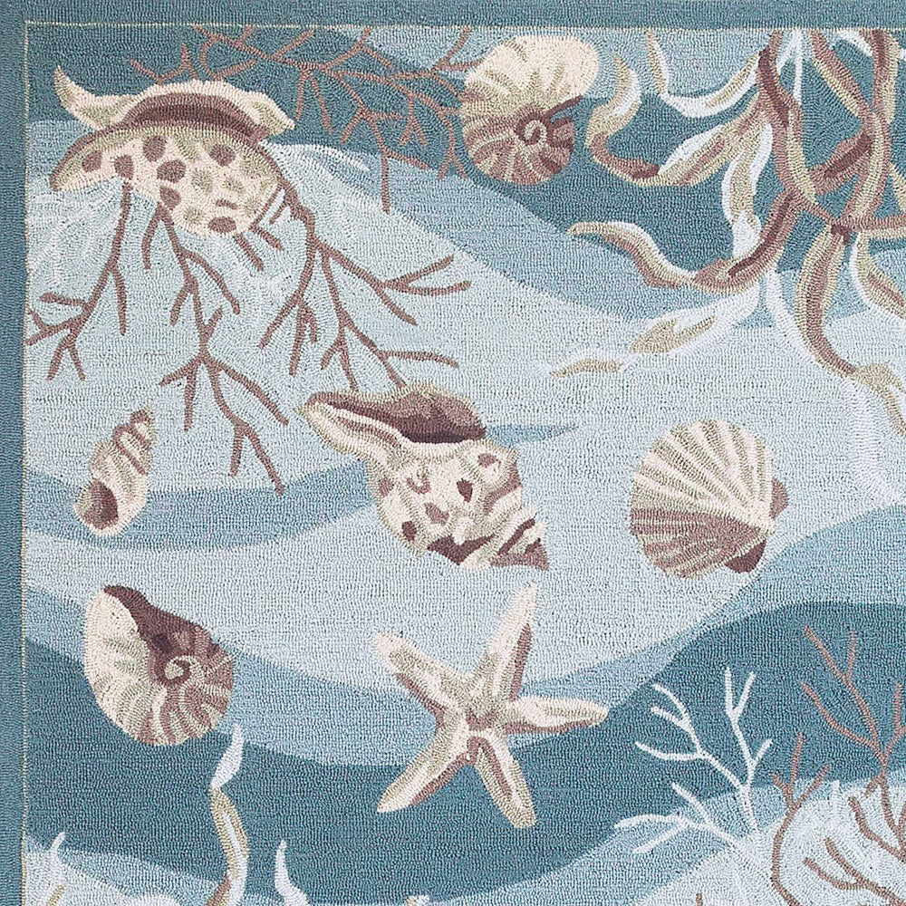 5' X 8' Seafoam Green Hand Hooked Sea Shells Indoor Area Rug - Homeroots - Flyclothing LLC