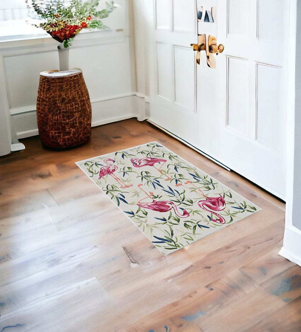 2' X 4' Ivory Pink Hand Hooked Flamingo Indoor Accent Rug - Homeroots - Flyclothing LLC