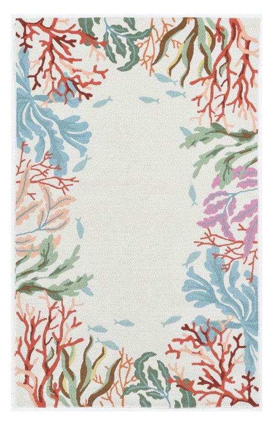 8' X 10' Ivory Hand Hooked Bordered Coral Reef Indoor Area Rug - Homeroots - Flyclothing LLC