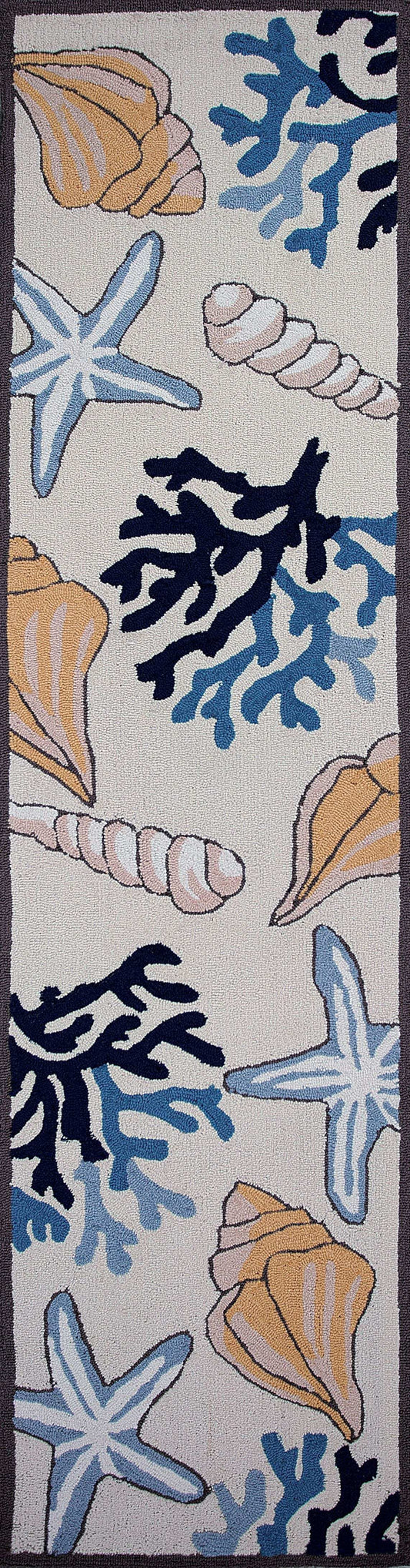 8' Ivory Hand Hooked Sea Corals And Shells Indoor Runner Rug - Homeroots - Flyclothing LLC