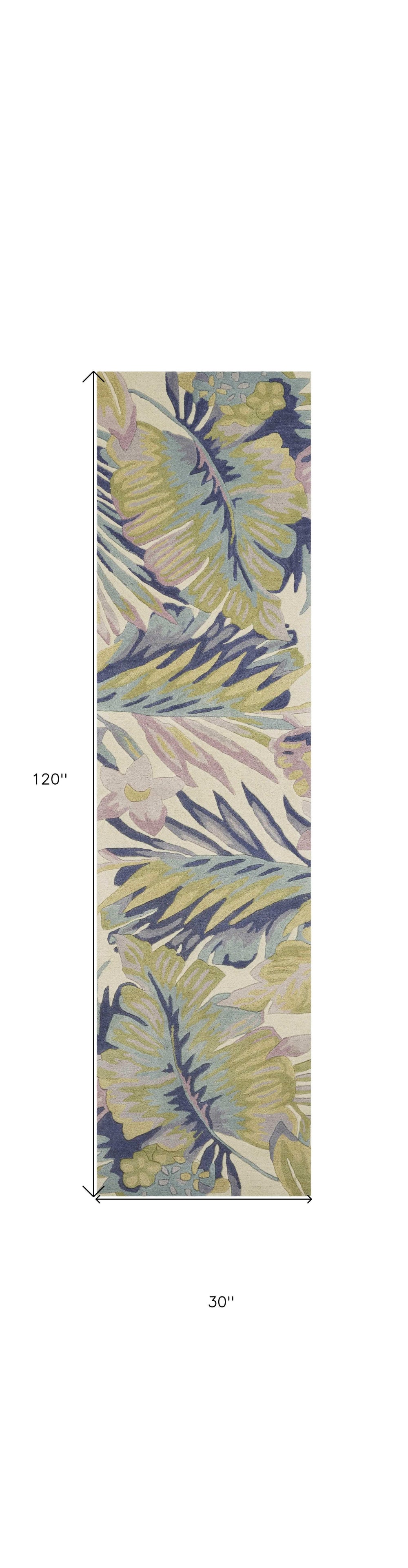 10' Ivory Pink and Green Wool Tropical Botanical Hand Tufted Runner Rug - Homeroots - Flyclothing LLC