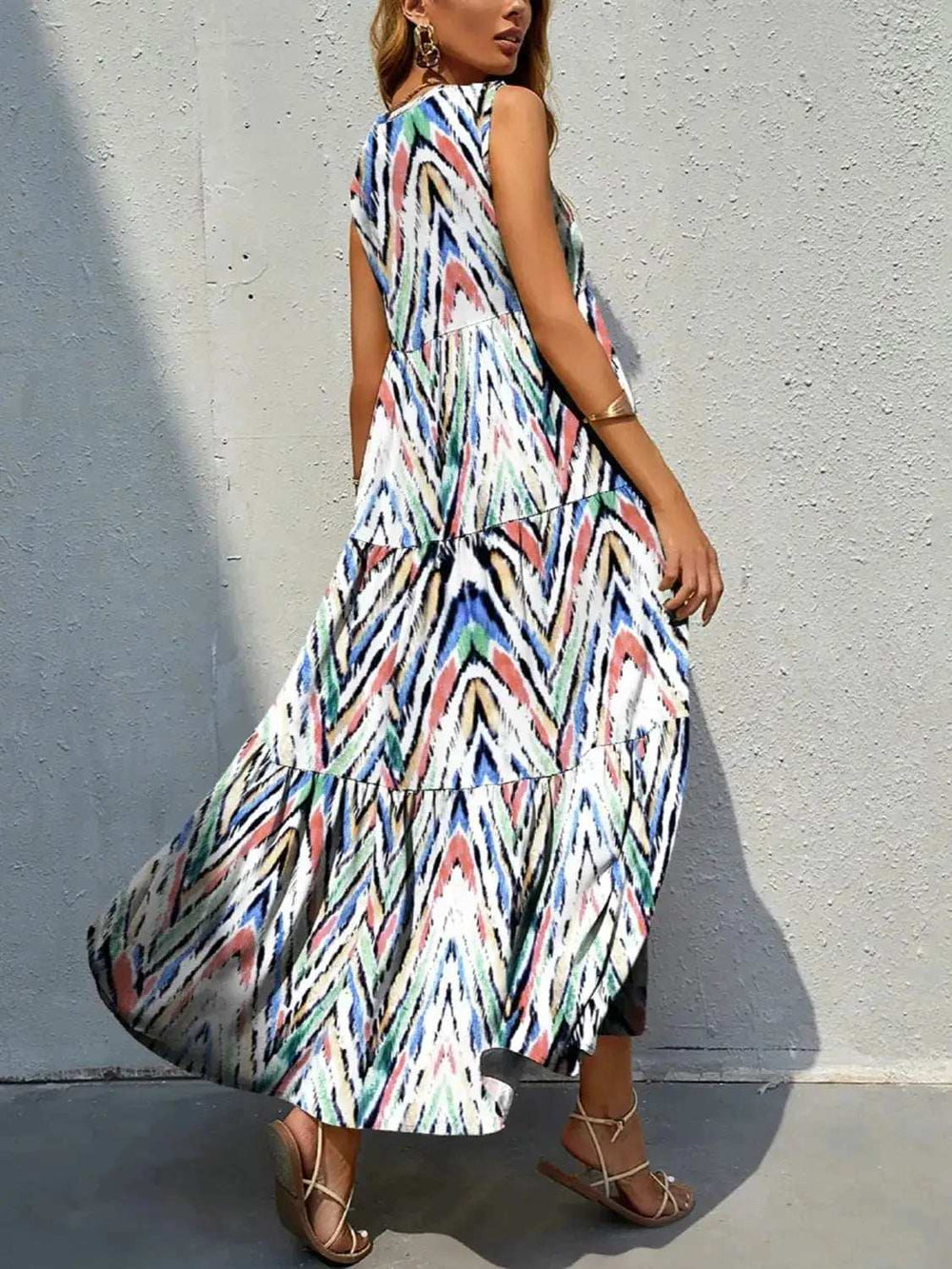 Printed V-Neck Tiered Maxi Tank Dress - Trendsi - Flyclothing LLC